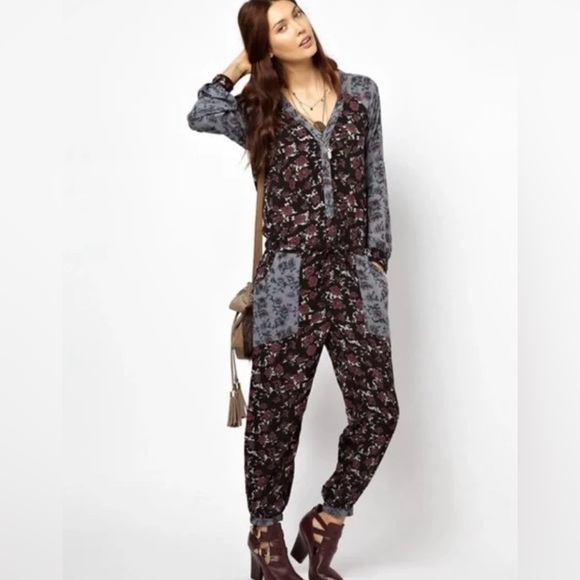 Free People Pants - Free People Floral Print Jumpsuit in Black & Blue